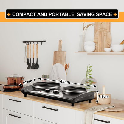 Electric Hot Plate Double Burner 2500W Portable Cast Iron Dual Temperature Black
