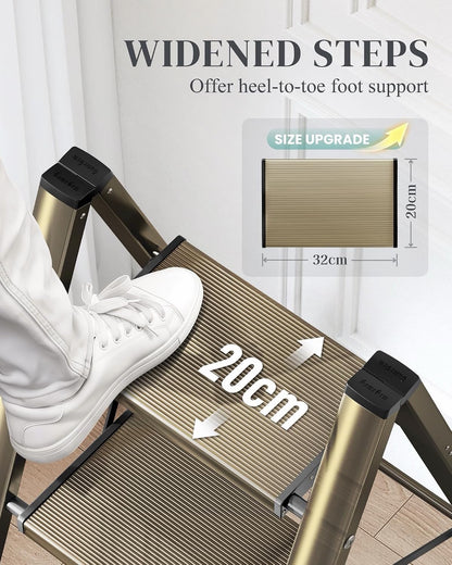 4 Step Ladder Folding Stool Aluminium Anti-Slip Wide Pedals 150kg Gold