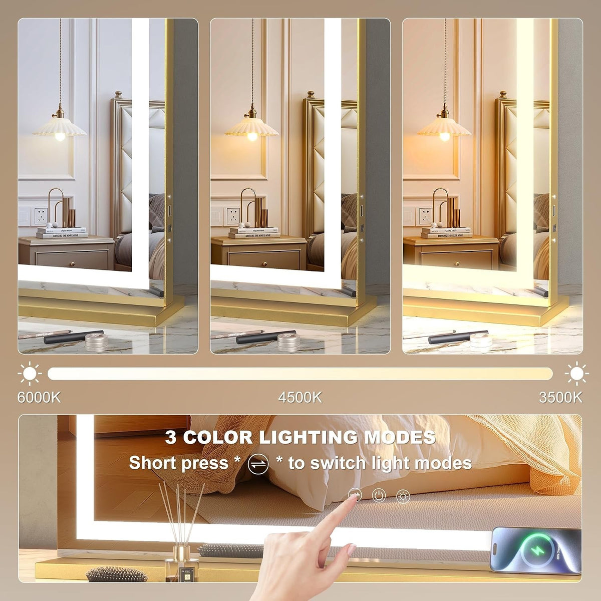Vanity Makeup Mirror 23x18in LED 3 Light Modes Touch Control Gold Hasipu