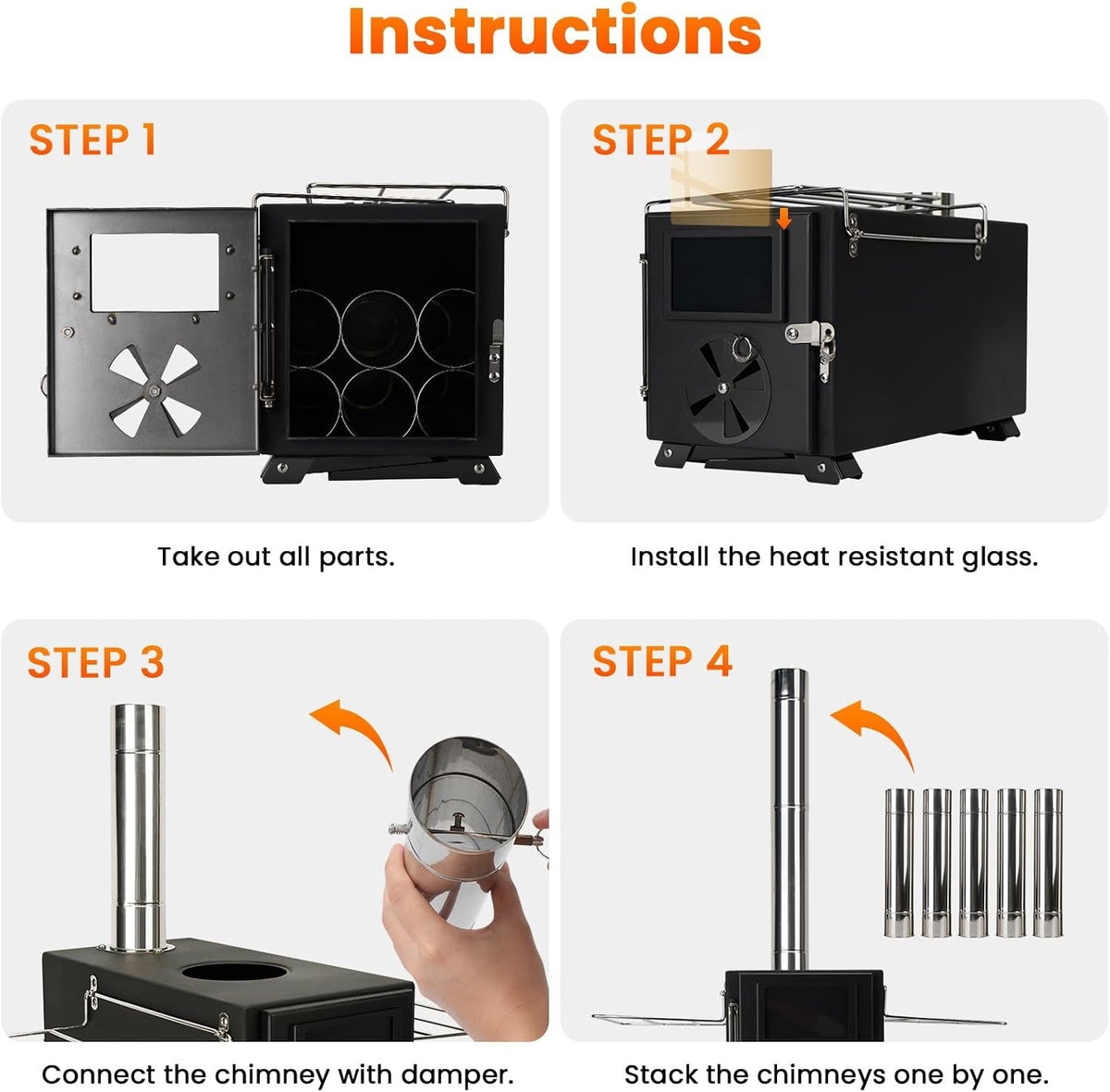 Wood Burning Stove Portable Tent Camping Mini Alloy Steel Chimney Cooking Black