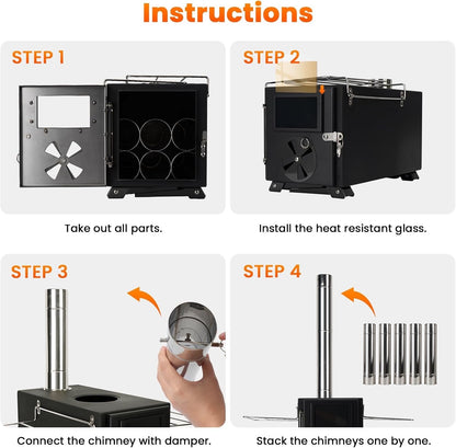 Wood Burning Stove Portable Tent Camping Mini Alloy Steel Chimney Cooking Black