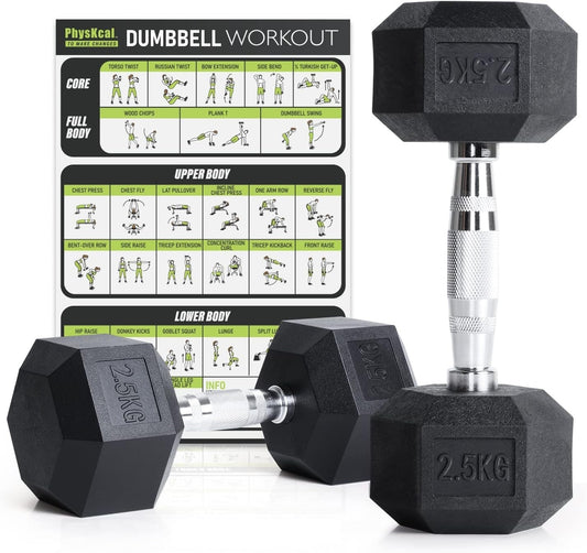 PhysKcal Hex Dumbbells Set Odourless Poly Rubber Encased Dumbbells 10kg