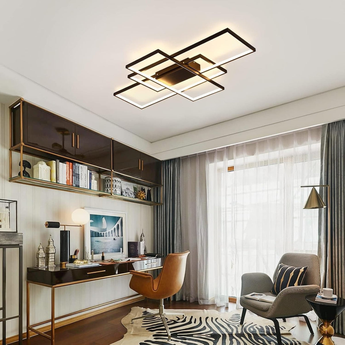 LED Ceiling Light Chandelier 70W 110cm Black Dimmable 3 Square Remote Control