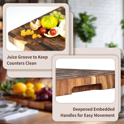 Large Acacia Cutting Board 22x16in End Grain Butcher Block Juice Groove Handle