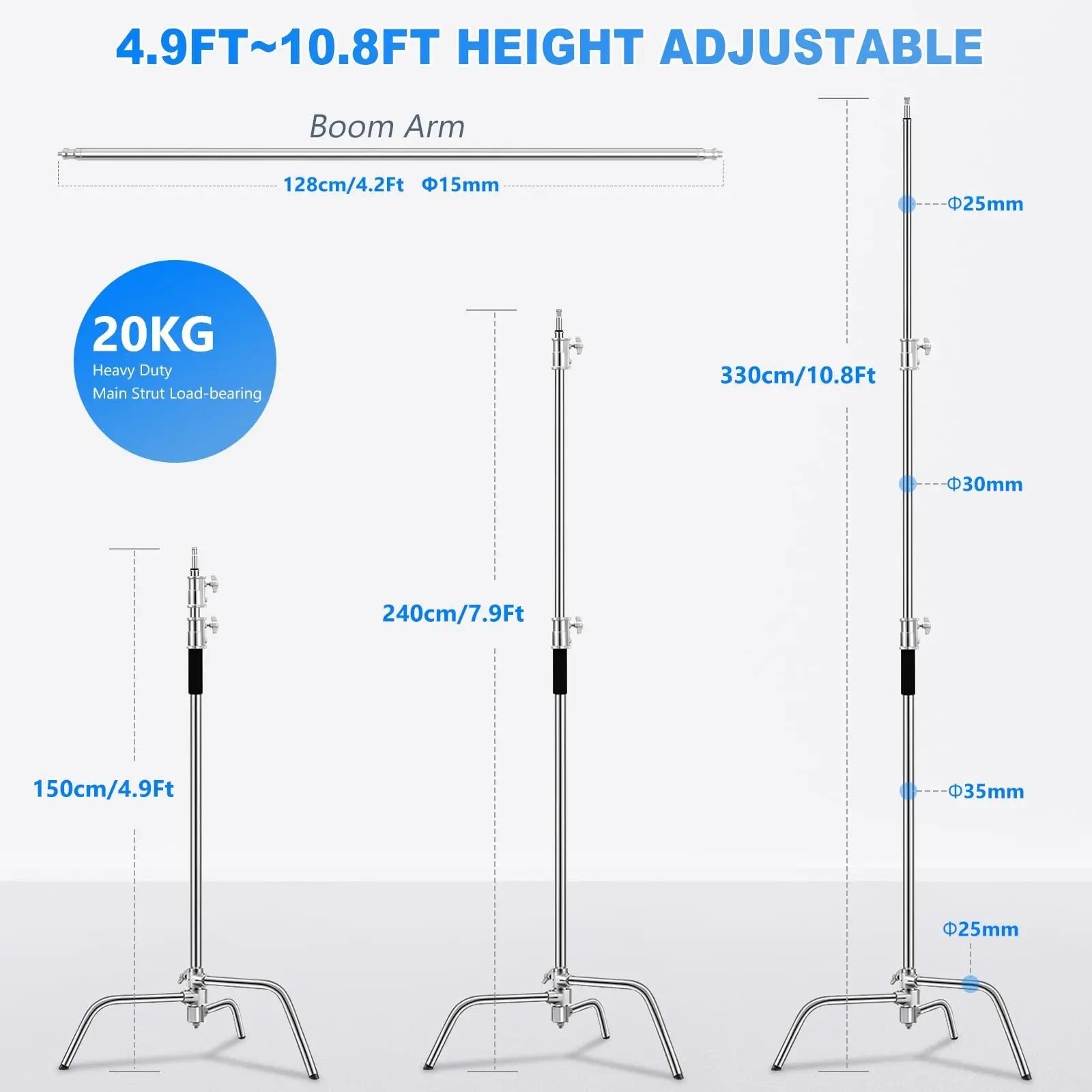 MSKIRA Stainless Steel C Stand with Boom Arm Max Height 10.8ft/330cm Heavy Duty
