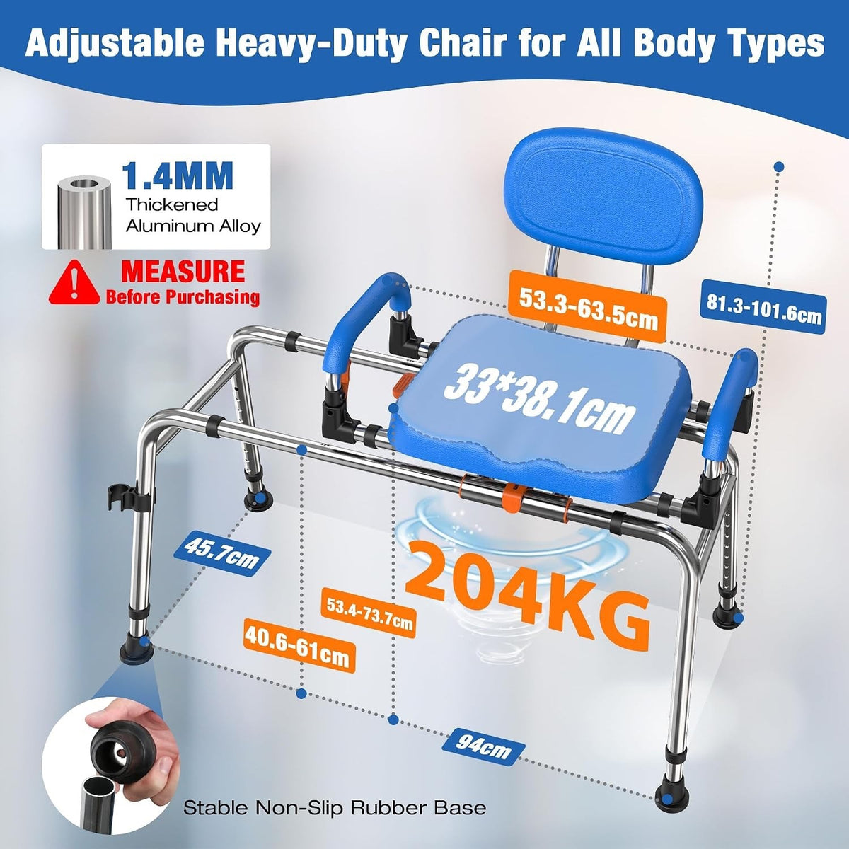 Sliding Shower Chair, 360° Swivel Seat, 204kg Adjustable Tub Transfer Bench Blue