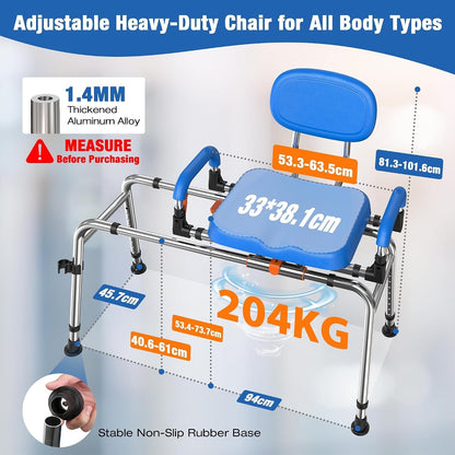 Sliding Shower Chair, 360° Swivel Seat, 204kg Adjustable Tub Transfer Bench Blue
