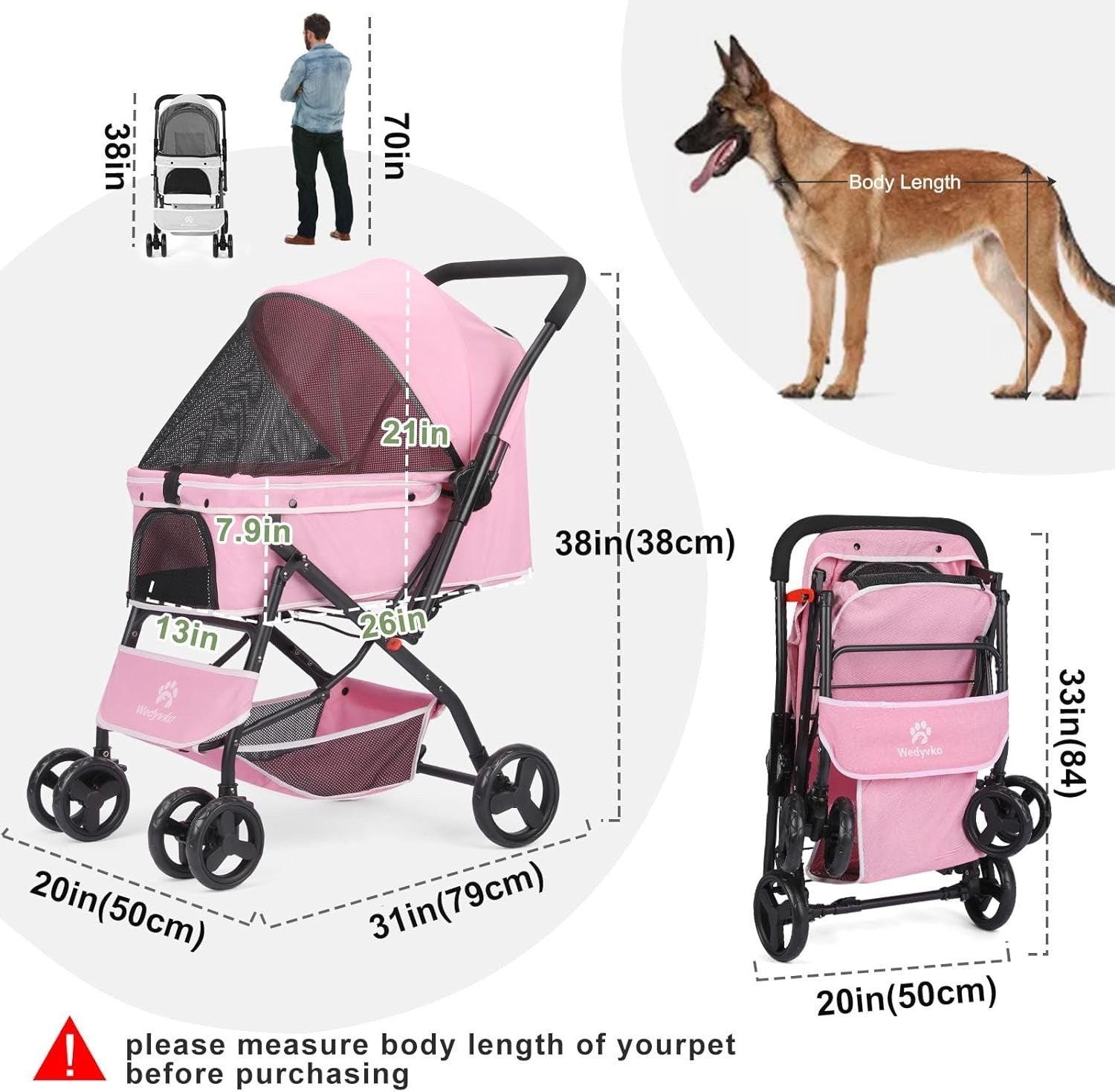 Pet Stroller Foldable Dog Cat Pushchair 360 Wheels Brake Storage Travel Pink