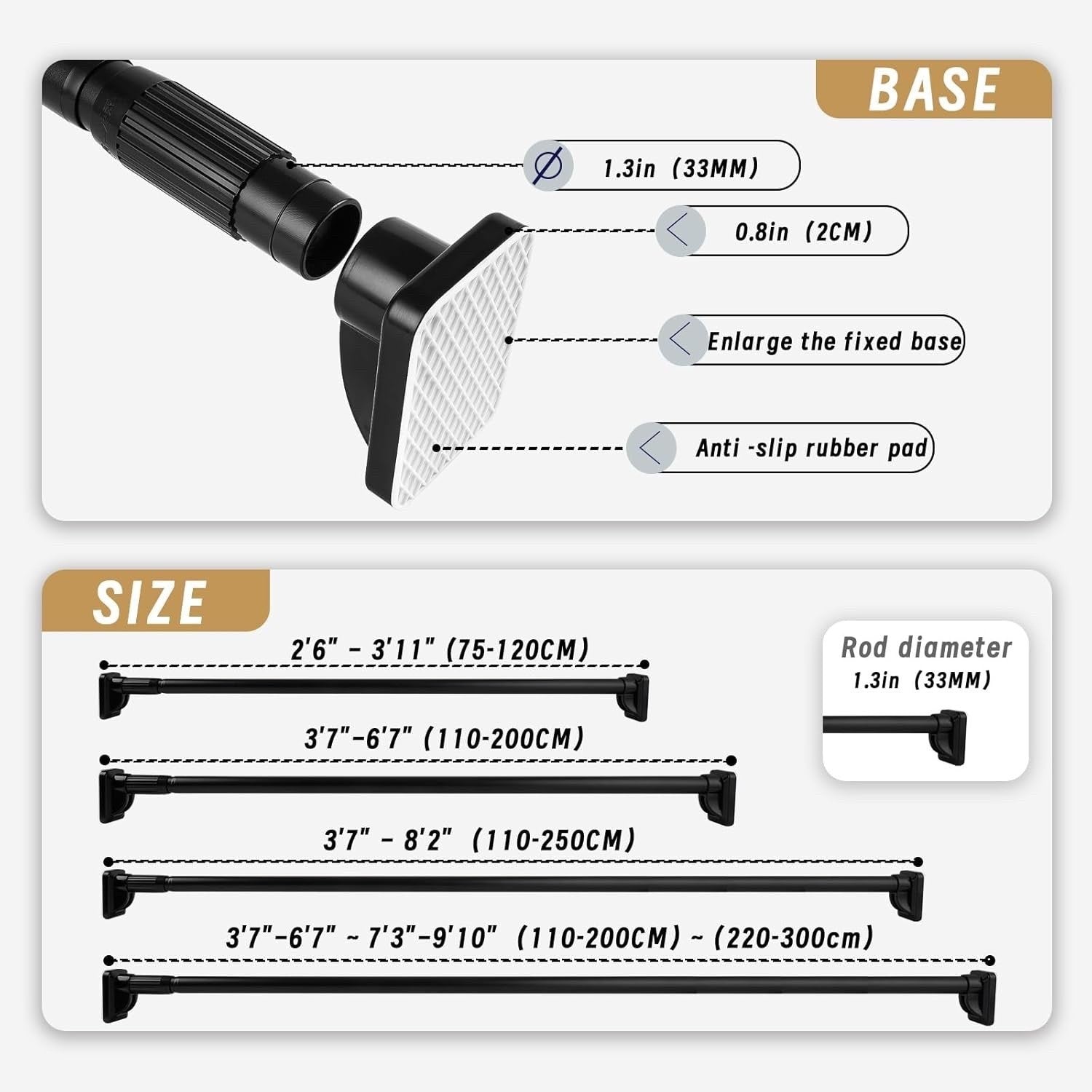 Shower Curtain Rod Telescopic Tension Pole No Drill Black 110-250cm 50kg Steel