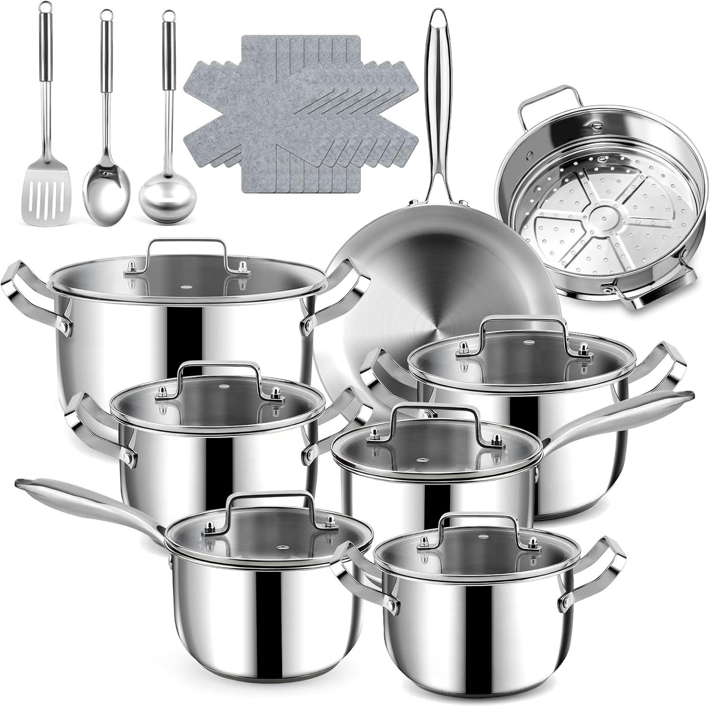 Pots Pans Cookware Set 24 Piece Stainless Steel Induction Hob Frying Pan Silver