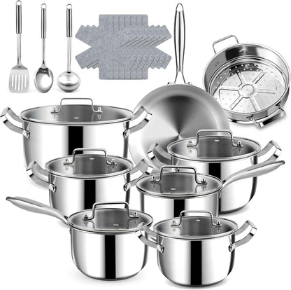 Pots Pans Cookware Set 24 Piece Stainless Steel Induction Hob Frying Pan Silver