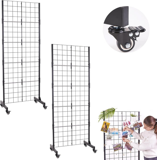 ODOXIA 2 packs | Grid wall | Black Metal Display Rack With Wheels, Space Saving
