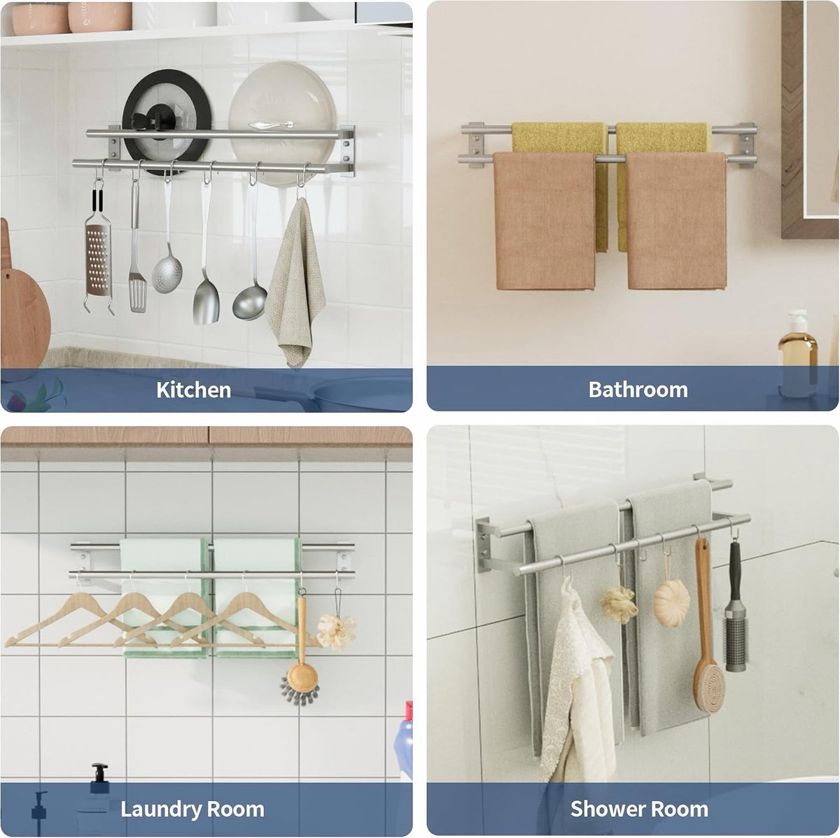 Towel Rail Double Bathroom Holder 70cm Brushed Stainless Steel Wall Mounted Rack
