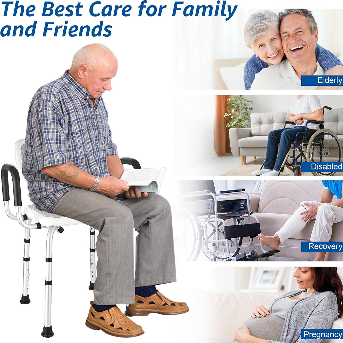Shower Chair Shower Seat Padded Arms Back Extra Wide 330lb 6 Height Grey NonSlip