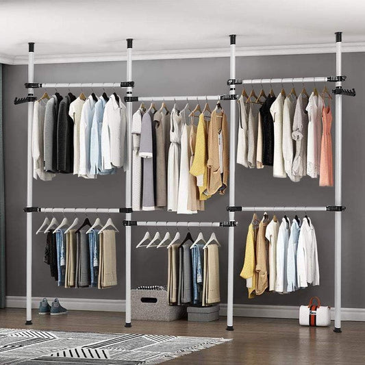 Heavy Duty Clothes Rack 4 Pole 6 Rail Garment Wardrobe Adjustable Steel 60kg