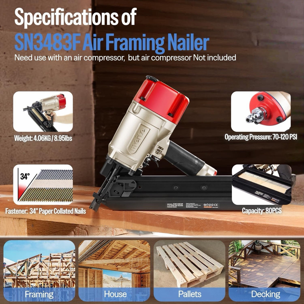 Framing Nail Gun Pneumatic 34 Degree 50-83mm Meite SN3483F Angled Air Nailer