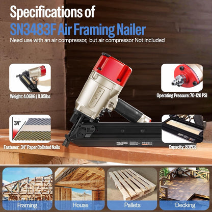 Framing Nail Gun Pneumatic 34 Degree 50-83mm Meite SN3483F Angled Air Nailer