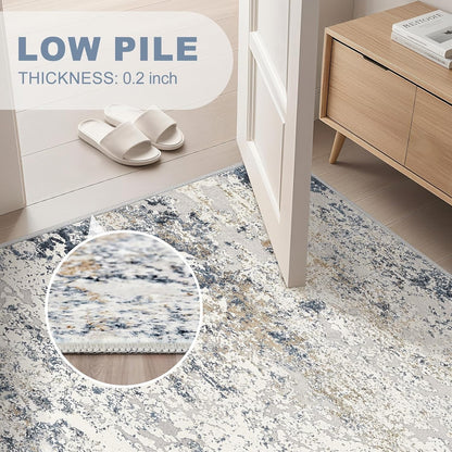 Area Rug Living Room 160x230cm Beige Blue Washable Abstract Soft Non Slip Carpet
