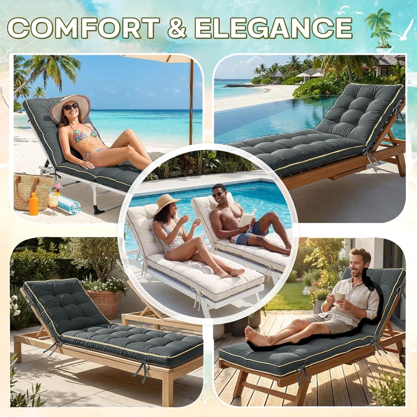 Sunbed Cushion 2 Pack 183x54cm Grey Foldable Quick Dry Lounger Pad Garden Patio