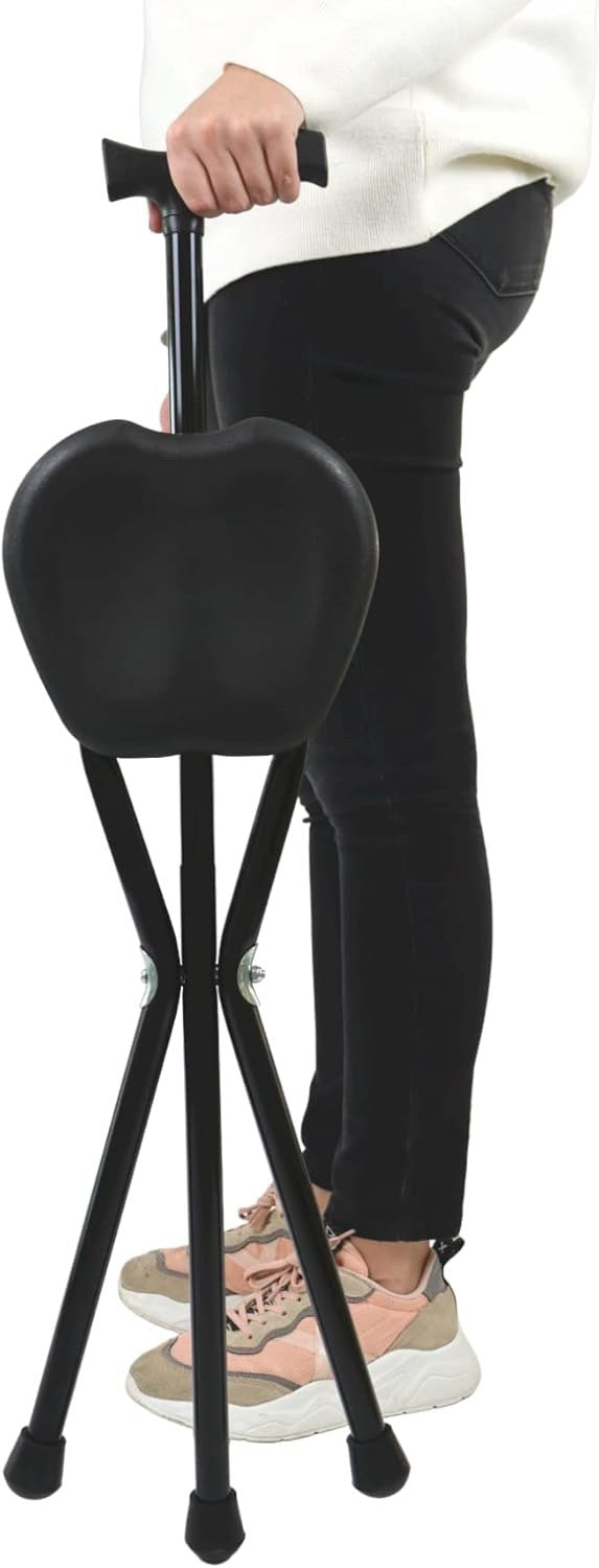Walking Stick Seat Chair Folding Cane Aluminium 3 Leg Seniors 87cm Black 100kg