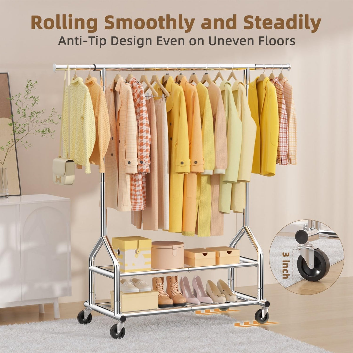 Clothes Rail Garment Rack Heavy Duty Metal Silver with Wheels 3 Storage Shelves