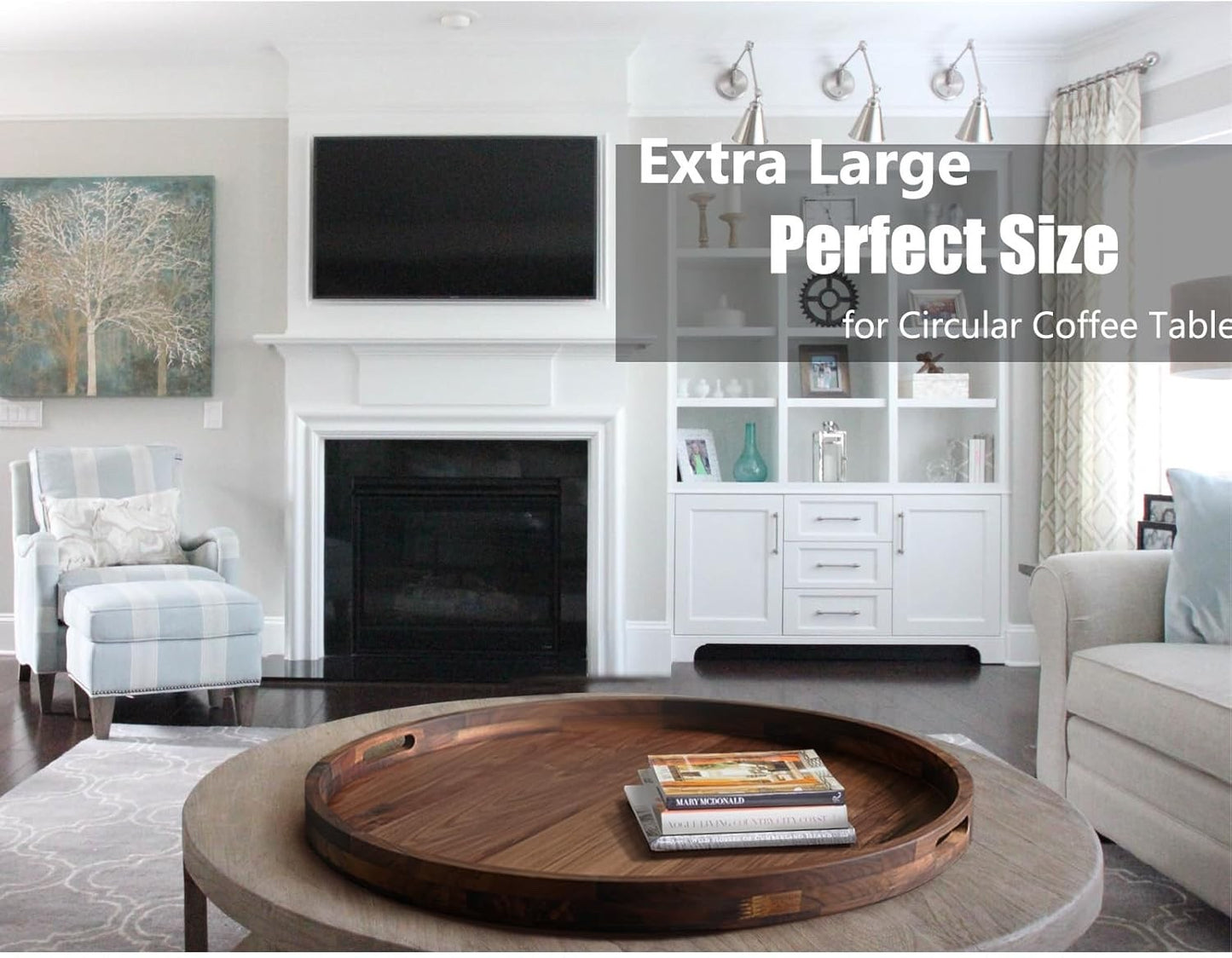 30in Extra Large Round Walnut Wood Ottoman Tray w Handles Serving Tea Coffee