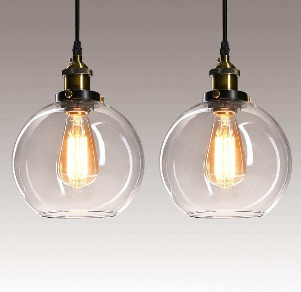 Pendant Ceiling Lights Glass Globe 2 Pack Clear 20cm E27 Vintage Kitchen Hanging