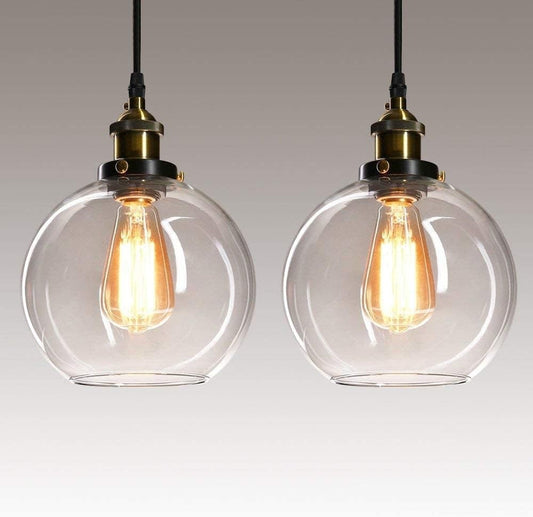 Pendant Ceiling Lights Glass Globe 2 Pack Clear 20cm E27 Vintage Kitchen Hanging