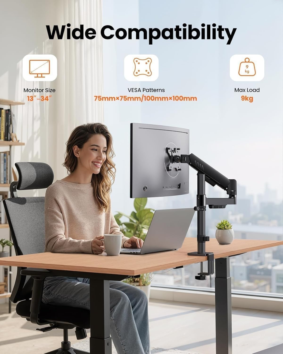 Monitor Stand Arm Desk Mount Single 13-34in Adjustable C Clamp VESA 9kg Black