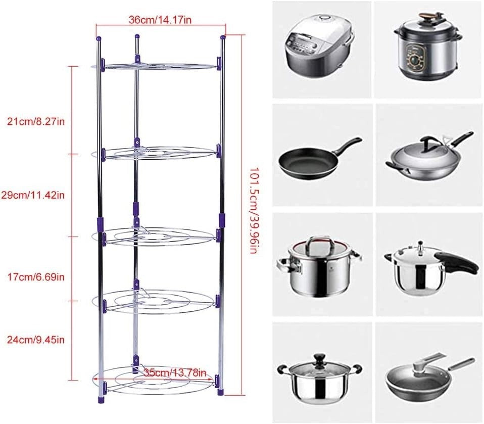 5-Tier Round Pot Pan Rack Stainless Steel Kitchen Storage Organizer 101x35 cm