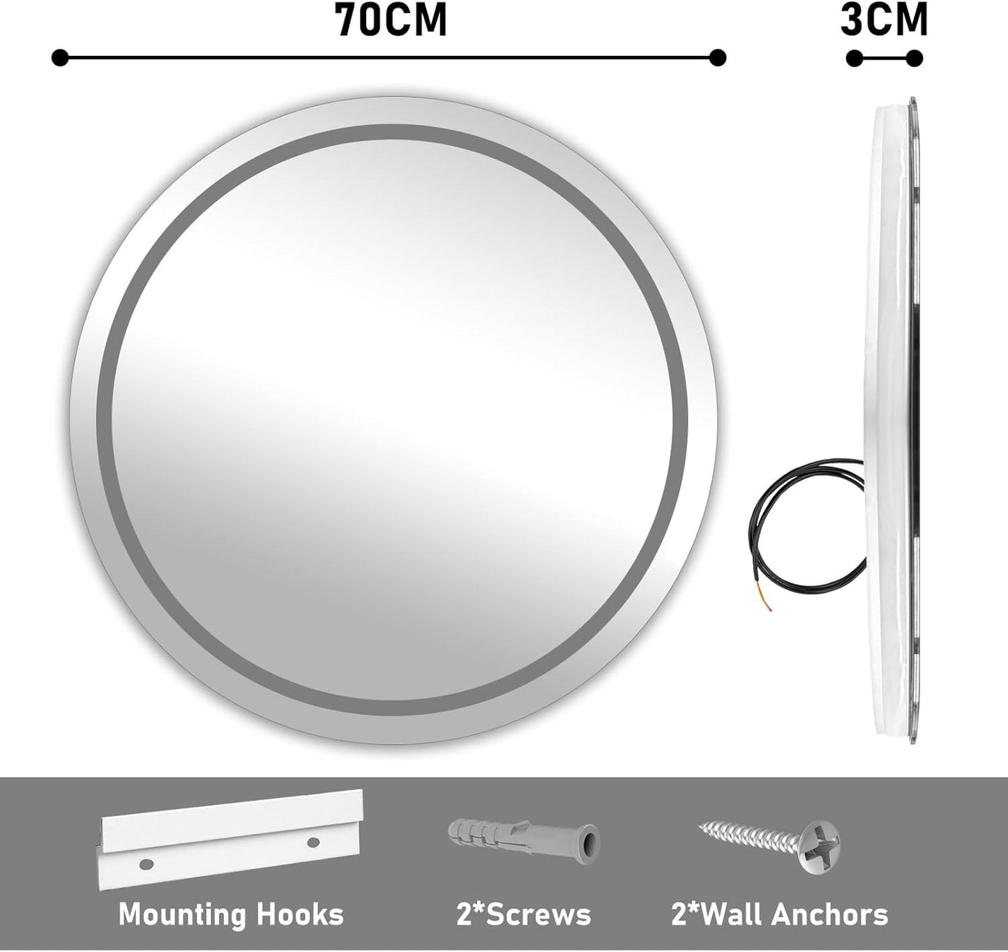 70cm LED Bathroom Mirror Round Anti Fog Dimmable 3 Light IP44 Waterproof Glass