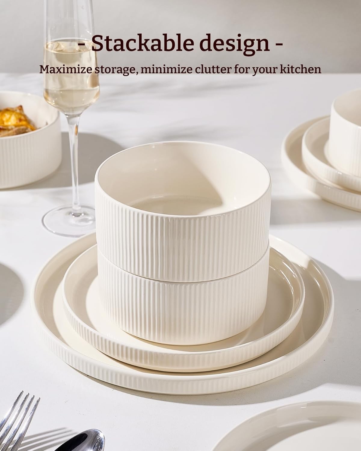 Dinner Set Porcelain Plates Bowls 18 Piece for 6 Cream Rust Red Trim Microwave