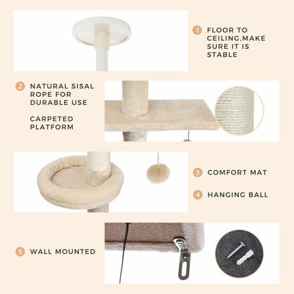 Cat Tree Tower Scratching Post Floor Ceiling 5 Tier Adjustable 243-273cm Beige