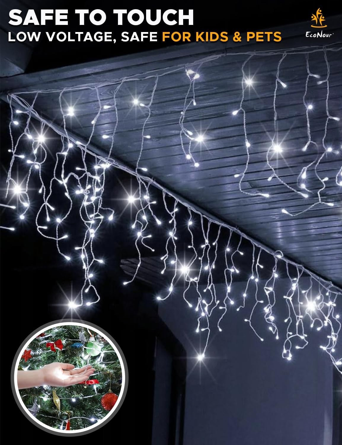240 LED Icicle Christmas Lights Outdoor Cool White Timer Mains 240V Clear Cable