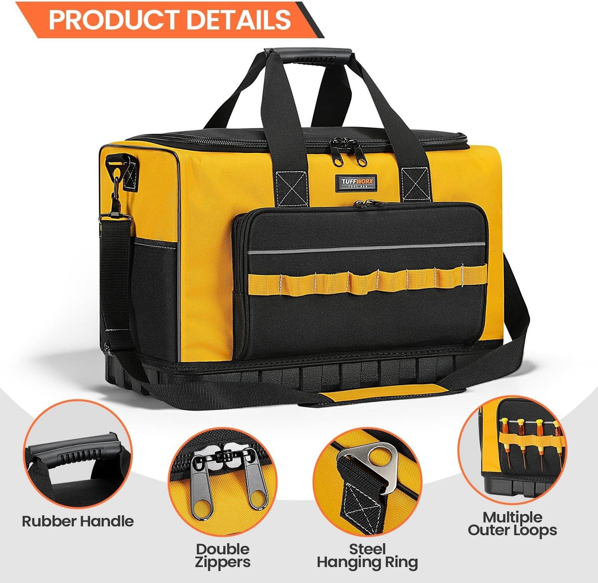 Tool Bag Heavy Duty 20 Inch 15 Pockets Waterproof Base 1680D Yellow Storage