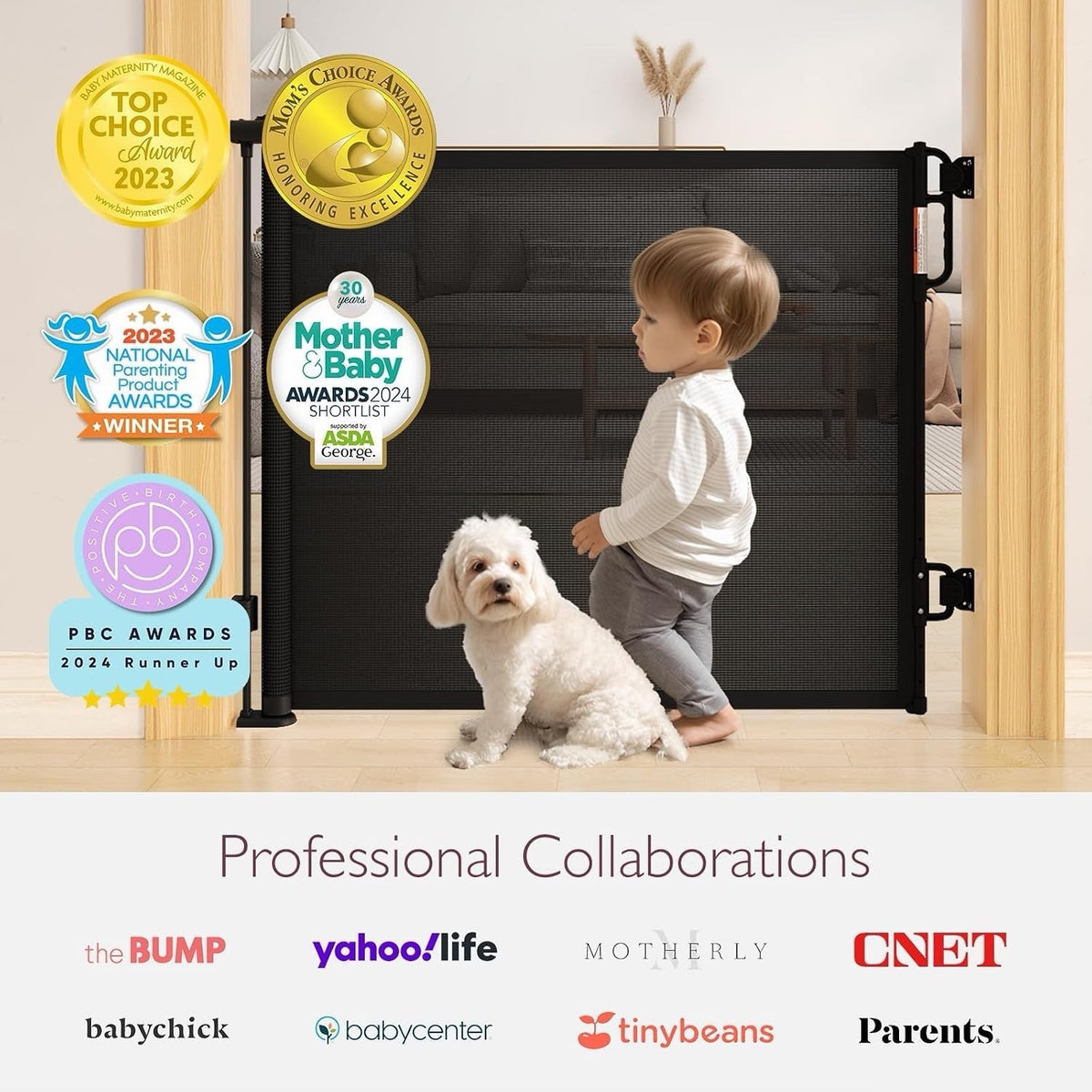Baby Safety Gate Retractable Mesh 140cm Wide 84cm Black Stair Door Pet Barrier