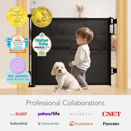 Baby Safety Gate Retractable Mesh 140cm Wide 84cm Black Stair Door Pet Barrier
