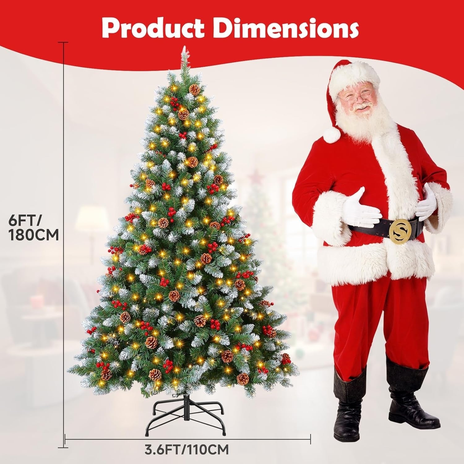 6FT Pre Lit Artificial Christmas Tree 300 Lights 847 Tips Pinecones Stand