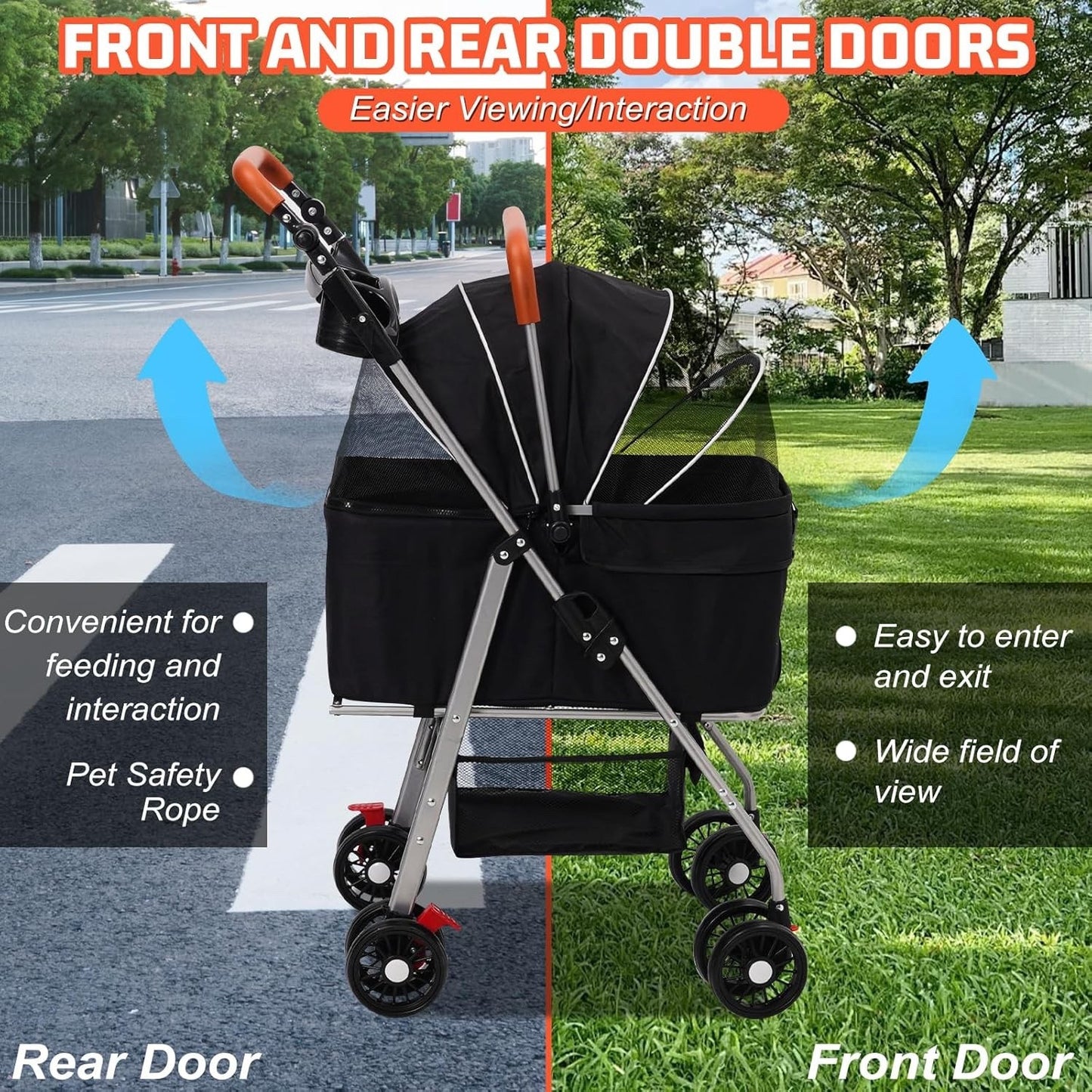 Pet Stroller Foldable Dog Cat Pram 4 Wheel Carrier Detachable Basket Black