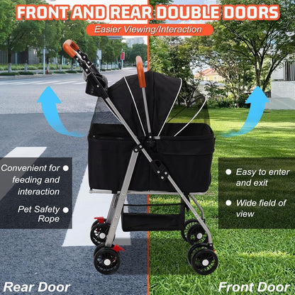 Pet Stroller Foldable Dog Cat Pram 4 Wheel Carrier Detachable Basket Black