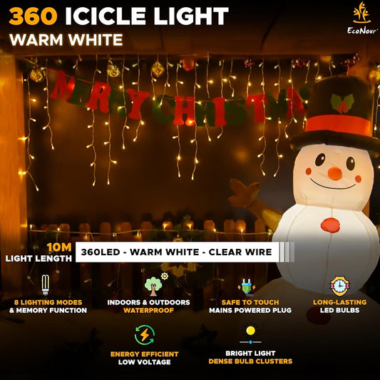 EcoNour Icicle Lights Outdoor Christmas Lights 360 LED 10M Cool White Decoration