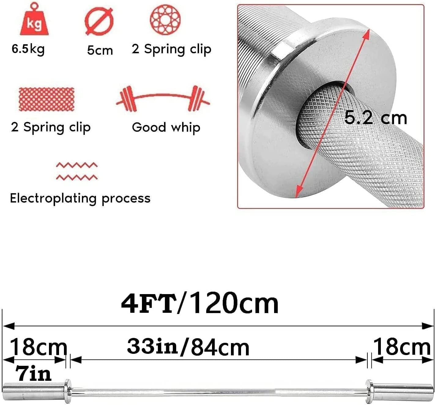 MYOYAY Weight Lifting Barbell Bar | Fitness 4ft Barbell Weight Bar with 2 Clips