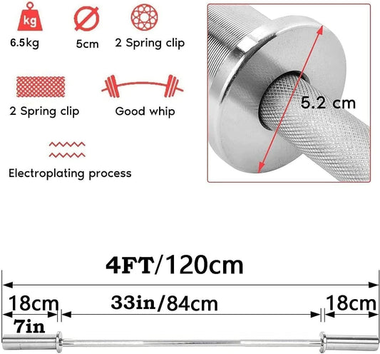 MYOYAY Weight Lifting Barbell Bar | Fitness 4ft Barbell Weight Bar with 2 Clips