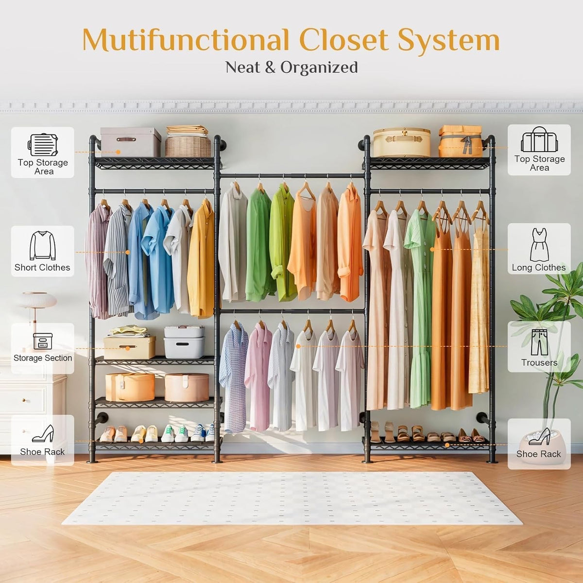 Clothes Rail Wardrobe Rack Adjustable Freestanding Storage 6 Shelves Double Rods
