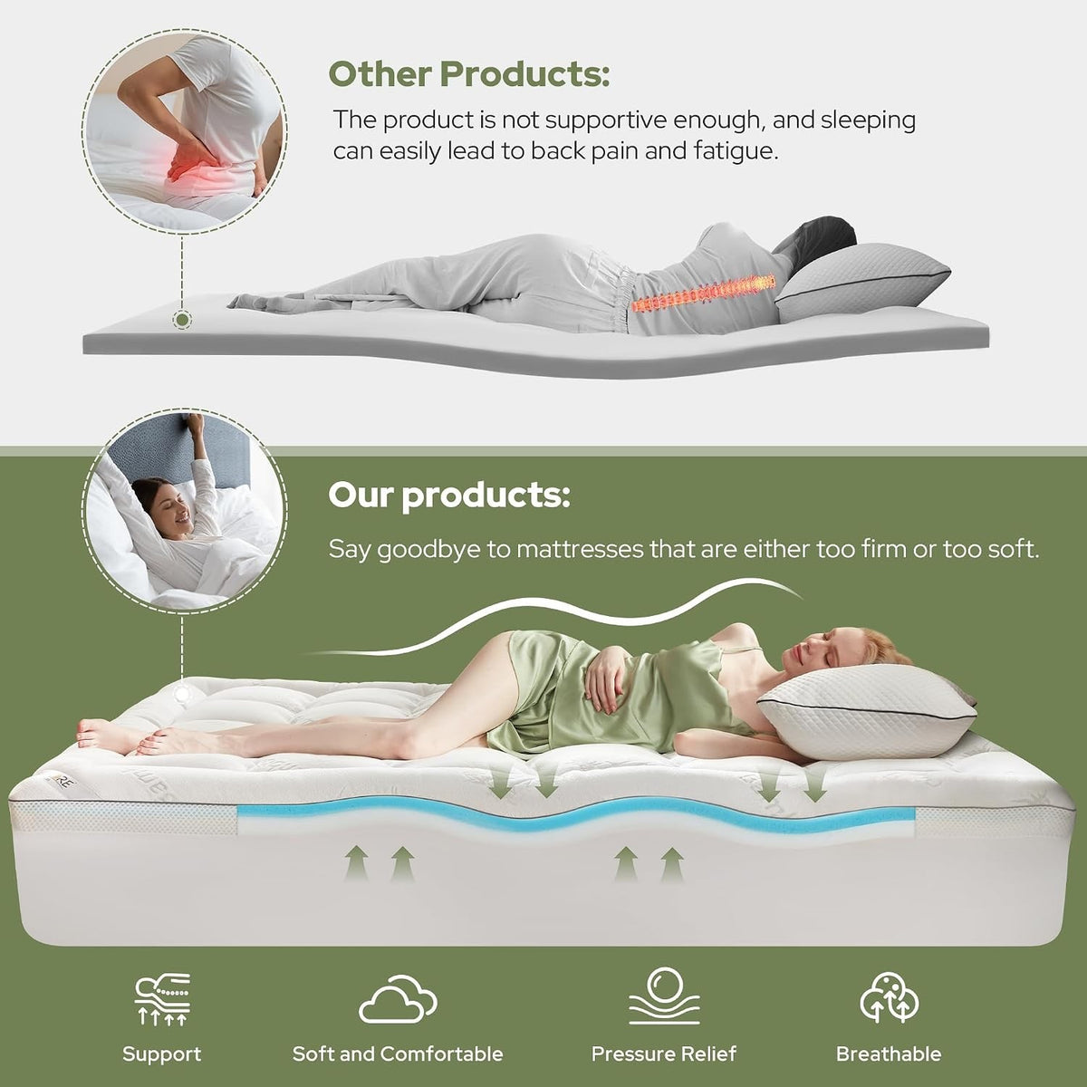 Mattress Topper Double Memory Foam 4in 2in1 135x190cm Deep Pocket Bamboo White