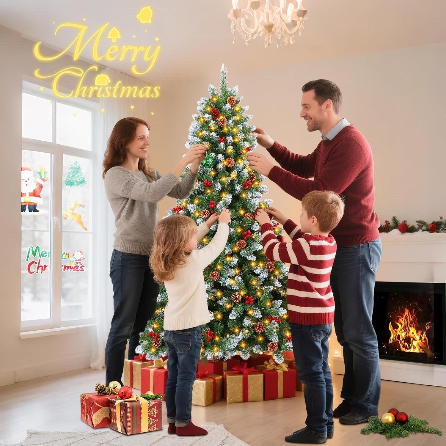 6FT Pre Lit Artificial Christmas Tree 300 Lights 847 Tips Pinecones Stand