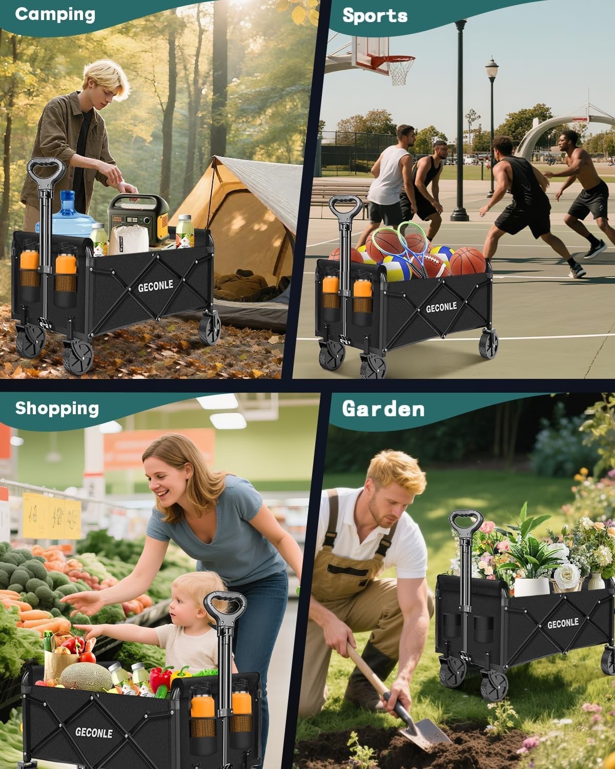 Folding Festival Trolley Cart 100L 100kg Heavy Duty Camping Garden Wagon Black