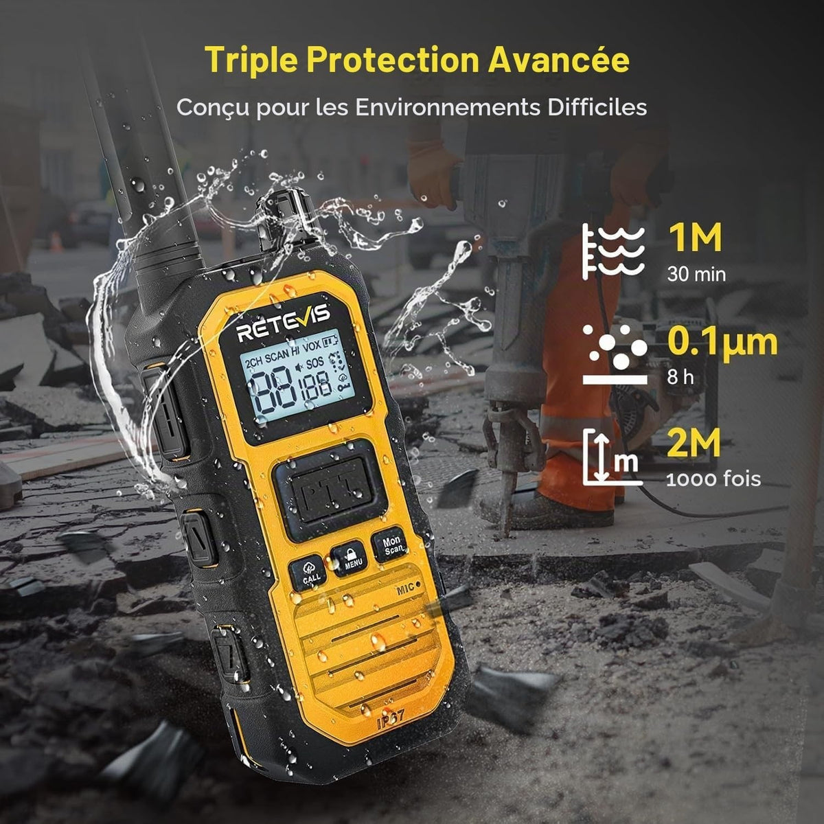 Walkie Talkie Two Way Radios Long Range IP67 Waterproof 2000mAh 4 Pack Yellow