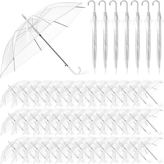 50 Pack Clear Umbrellas Wedding Transparent Dome White Handle Semi Automatic
