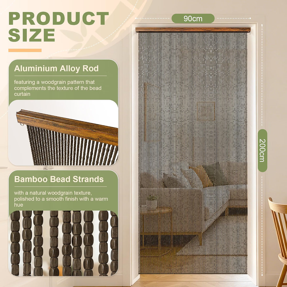 Wood Beaded Door Curtain 90 Strand 90x200cm Dark Brown Room Divider